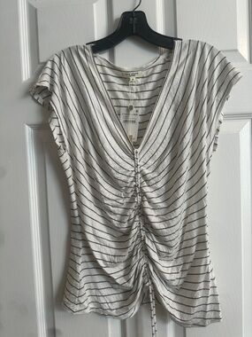 Max Studio Cream and Black Striped Ruched V-Neck Crop Top